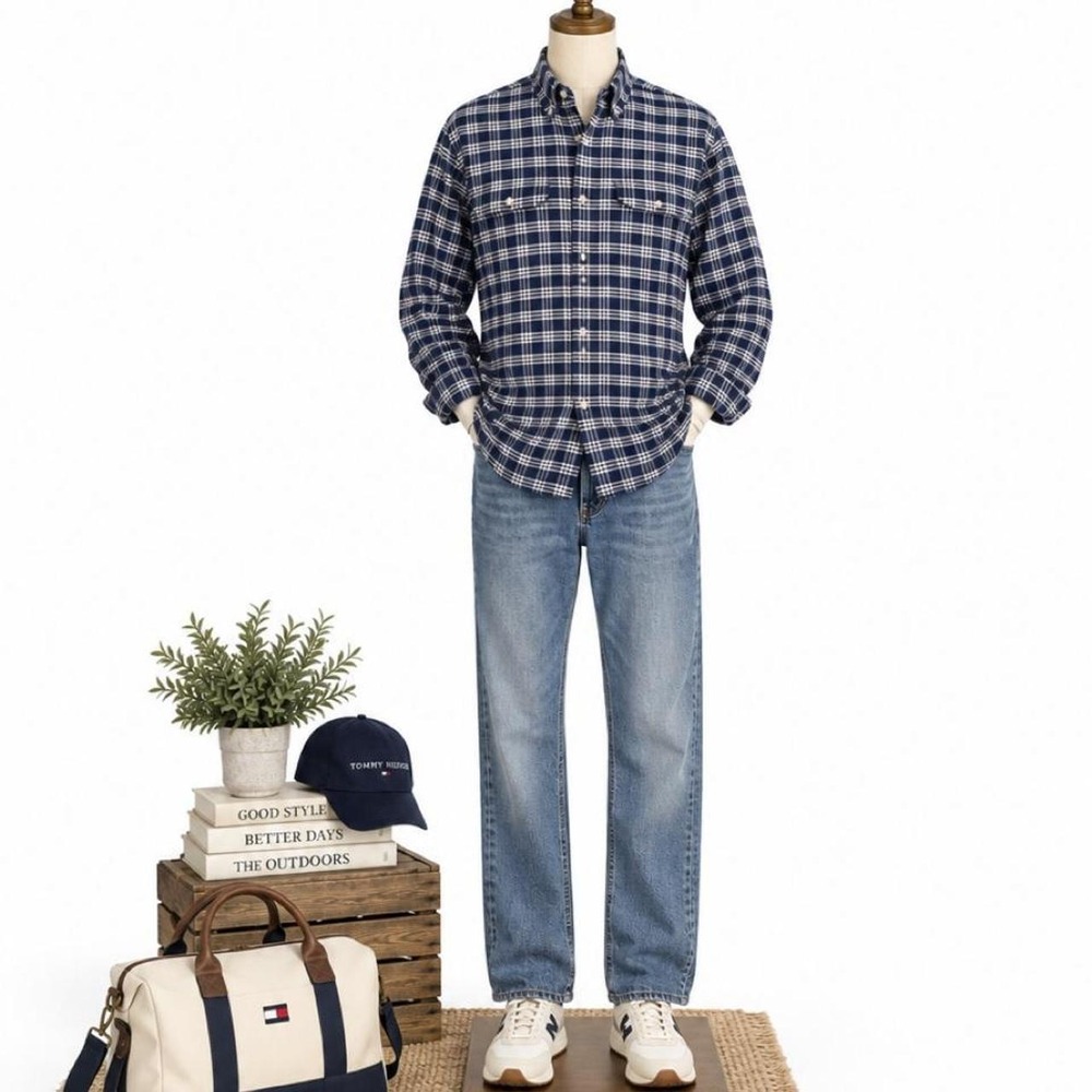 Tommy Hilfiger Men's XL Navy Plaid Button Down Shirt 100% Cotton